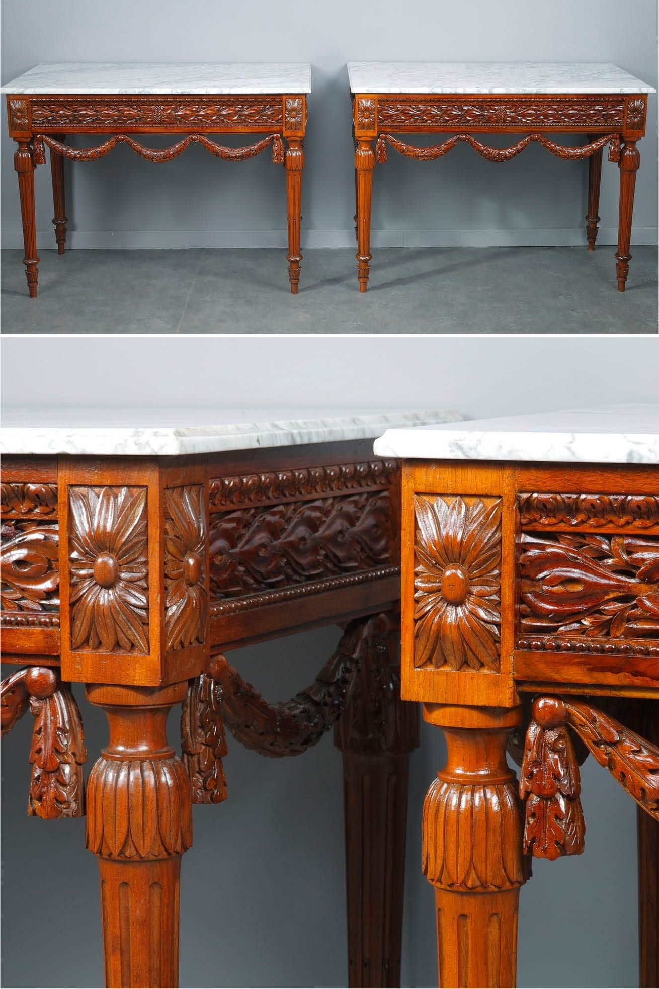 PAIR OF LOUIS XVI WALNUT AND MARBLE CONSOLES 