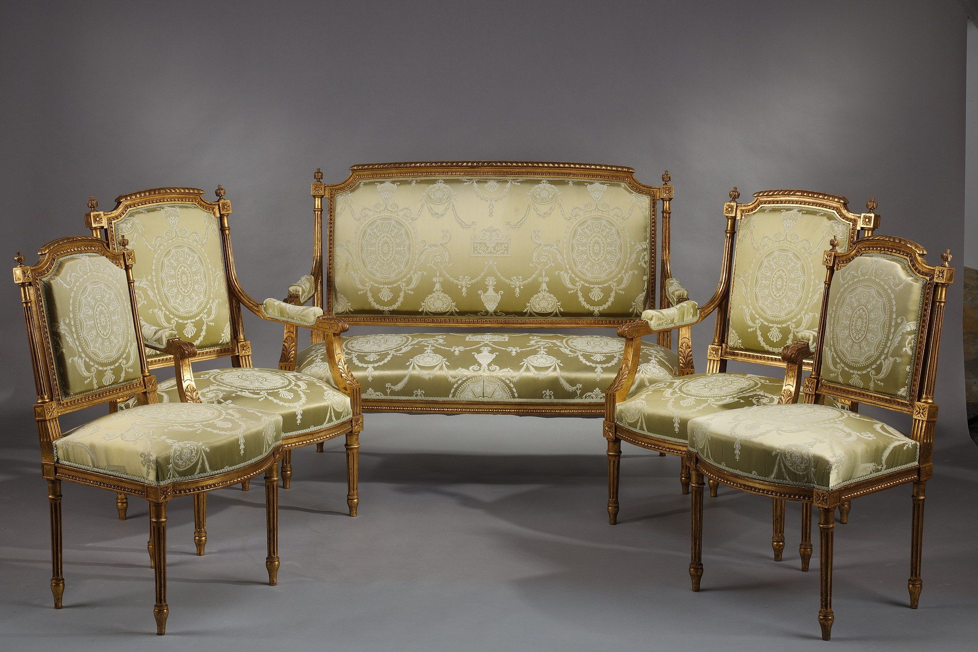 LOUIS XVI-STYLE SALON IN GILDED WOOD AND GREEN SILK 